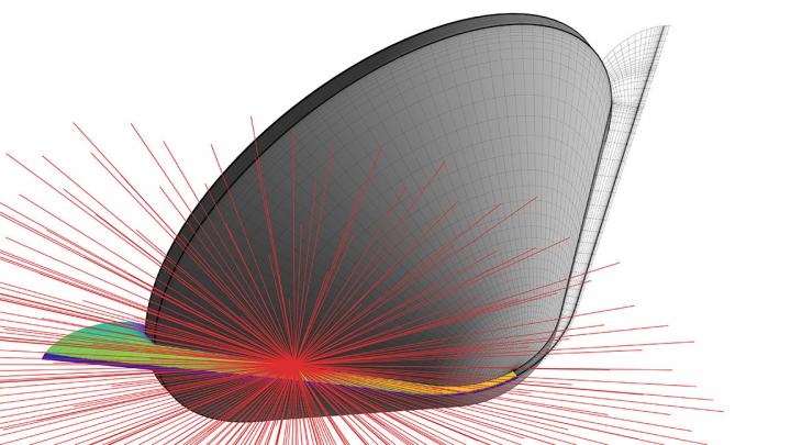 This image shows the high temperature flowfield around Galileo spacecraft upon entry to Jupiter, with ray-tracing algorithm distribution visualized.