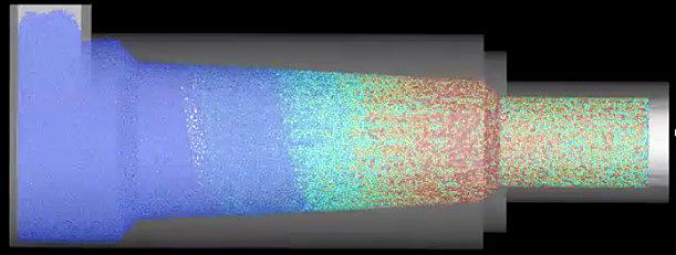 CAPTION Discrete element method (DEM) supercomputer models have been developed for describing biomass transport through a compression feed screw. This image shows mathematical simulation of biomass particles in feed screw at steady state.