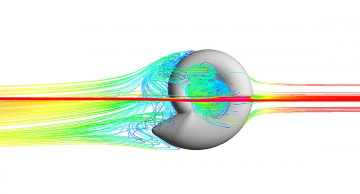 Example image of how water flow shapes itself around one of our ammonoid models.