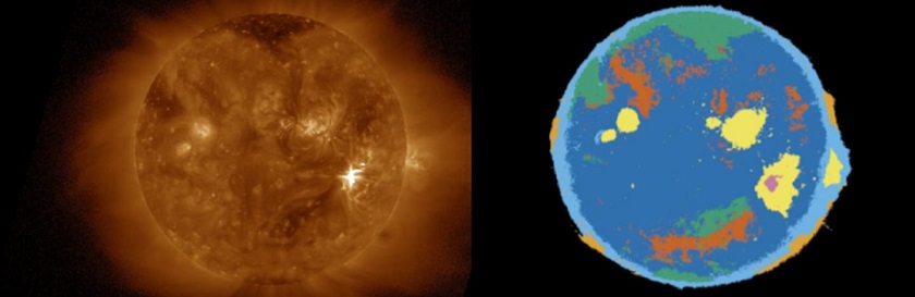 CAPTION This new technique transforms observations during the September 6th, 2017, solar flare into understandable, multi-colored maps. Different colors identify different solar phenomena.  CREDIT Dan Seaton and J. Marcus Hughes/CU Boulder, CIRES & NCEI