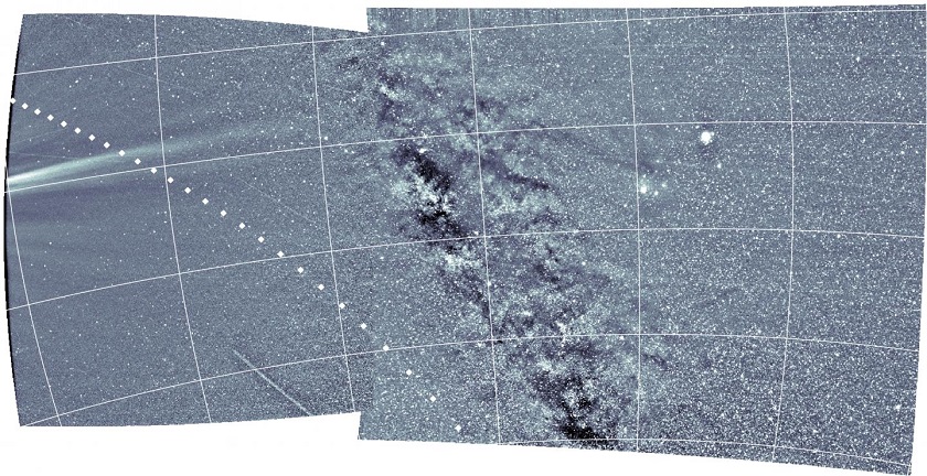 This image recorded by U.S. Naval Research Laboratory Wide-field Imager for Parker Solar Probe (WISPR) cameras on April 6, 2019 captured the solar outflow and coronal structures on the left, and the Milky Way and three planets observed across the combined field of view. WISPR is the only imaging instrument aboard the NASA Parker Solar Probe mission.