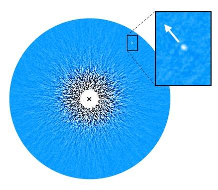 CAPTION This image of the low-mass brown dwarf GJ 504 B was taken by Bowler and his team using adaptive optics with the NIRC2 camera at Keck Observatory in Hawaii. The image has been processed to remove light from the host star (whose position is marked with an 