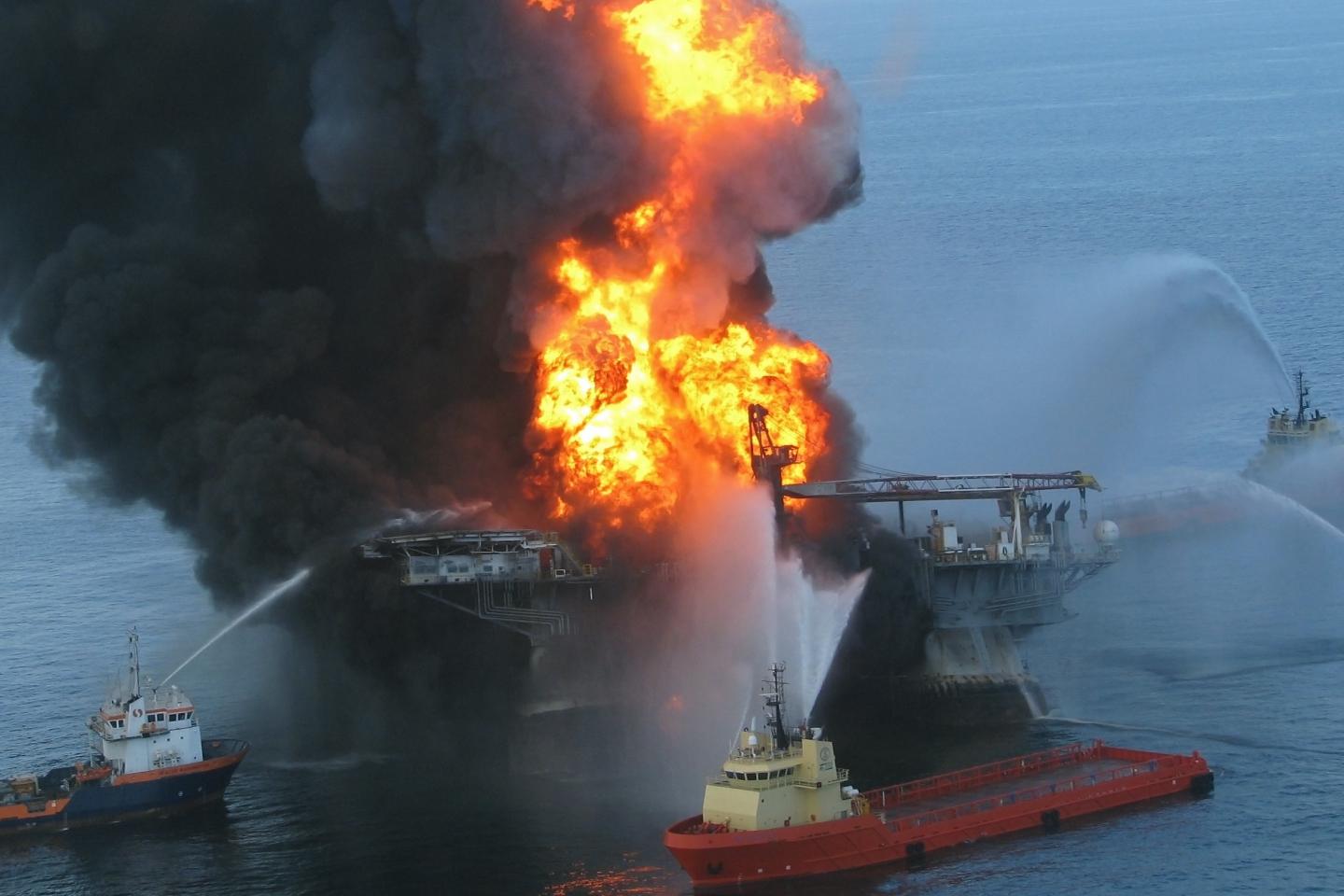 CAPTION On April 20, 2010, the Deepwater Horizon oil rig exploded, releasing 210 million gallons of crude oil into the Gulf of Mexico for a total of 87 days, making it the largest oil spill in U.S. history. Oil slicks from the blowout covered an estimated area of 57,000 square miles (149,000 square kilometers).