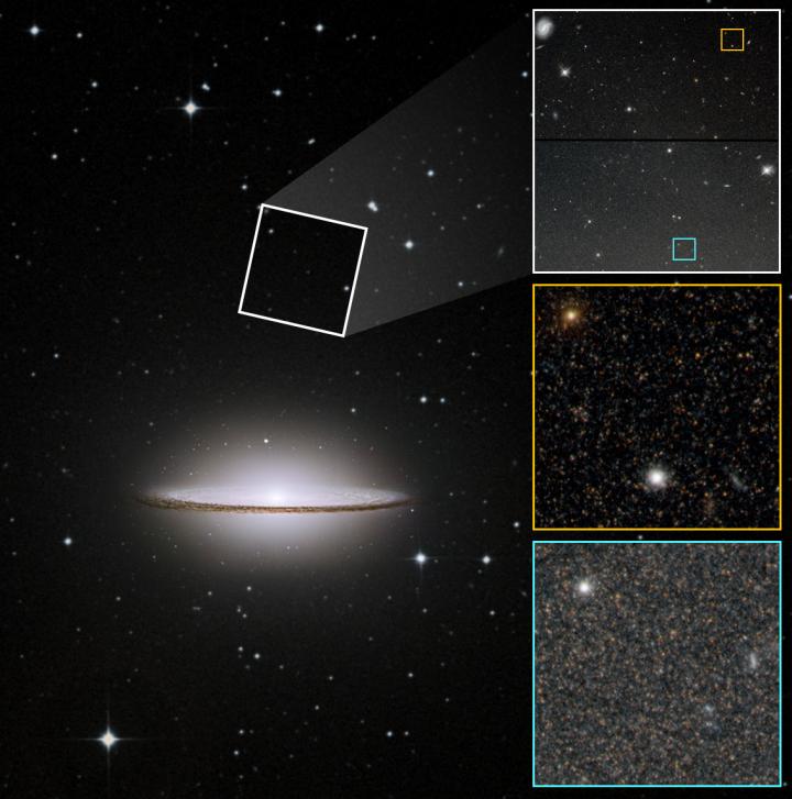 CAPTION On the left is an image of the Sombrero galaxy (M104) that includes a portion of the much fainter halo far outside its bright disk and bulge. Hubble photographed two regions in the halo (one of which is shown by the white box). The images on the right zoom in to show the level of detail Hubble captured. The orange box, a small subset of Hubble's view, contains myriad halo stars. The stellar population increases in density closer to the galaxy's disk (bottom blue box). Each frame contains a bright globular cluster of stars, of which there are many in the galaxy's halo. The Sombrero's halo contained more metal-rich stars than expected, but even stranger was the near-absence of old, metal-poor stars typically found in the halos of massive galaxies. Many of the globular clusters, however, contain metal-poor stars. A possible explanation for the Sombrero's perplexing features is that it is the product of the merger of massive galaxies billions of years ago, even though the smooth appearance of the galaxy's disk and halo show no signs of such a huge disruption.  CREDIT NASA/Digitized Sky Survey/P. Goudfrooij (STScI)/The Hubble Heritage Team (STScI/AURA)