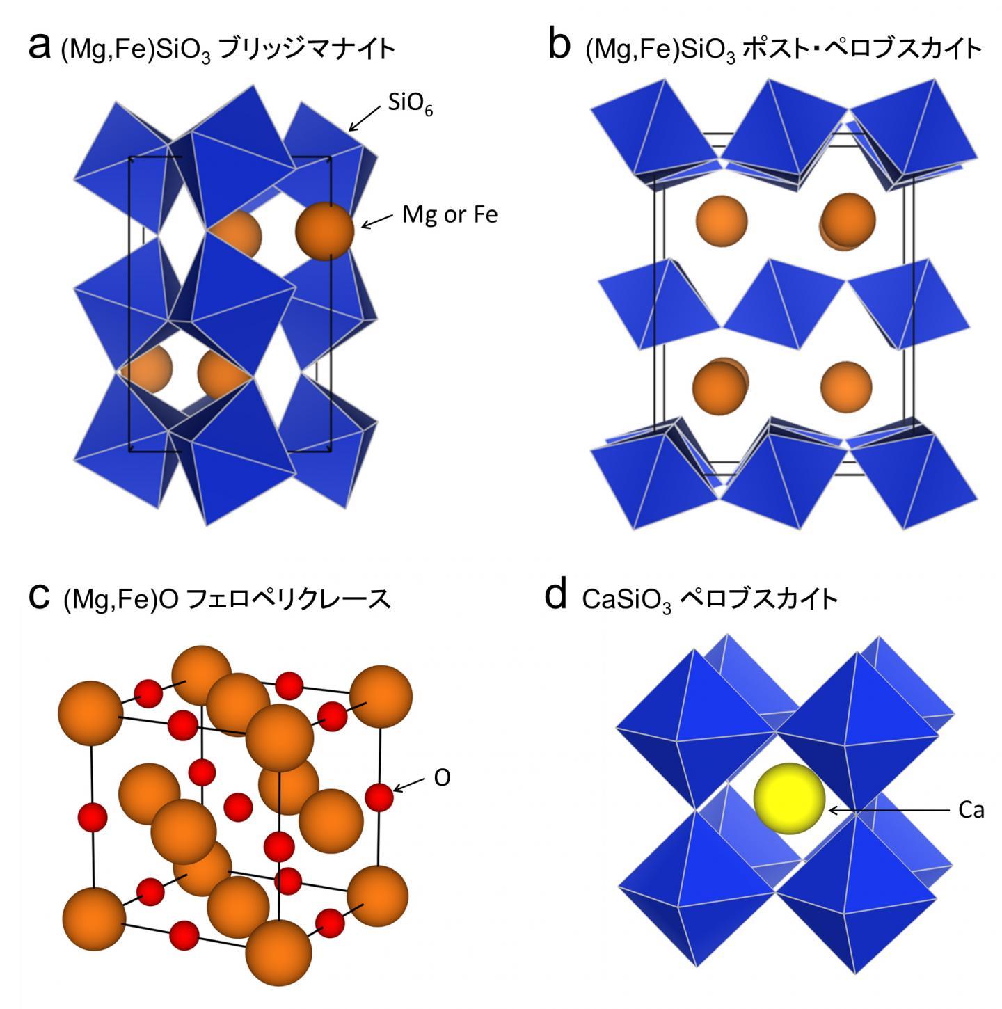 CAPTION Crystal structures of major mineral phases composing the Earth's deep mantle, (Mg,Fe)SiO3 bridgmanite (Brg), its high-pressure phase post-perovskite (PPv), CaSiO3 perovskite, and (Mg,Fe)O ferropericlase