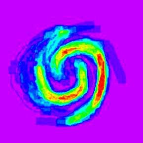 CAPTION This image shows the sum of 15 independent tracings of the spiral structure of the same galaxy displayed using a violet to red rainbow color map. The violet areas indicate no agreement and the red areas indicate greatest agreement between tracings.  CREDIT Ian Hewitt