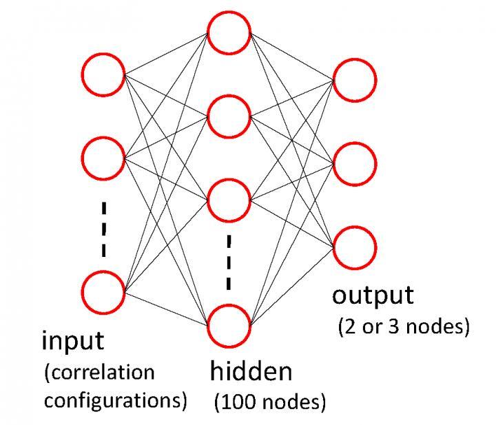 CAPTION The input (correlation configurations) is fed into a system of interconnected nodes known as a neural network, giving a series of outputs telling us which phase the configuration belongs to. During training, the algorithm is told whether the outputs are right or wrong, and the network is adjusted over and over again to get better agreement i.e. it learns.