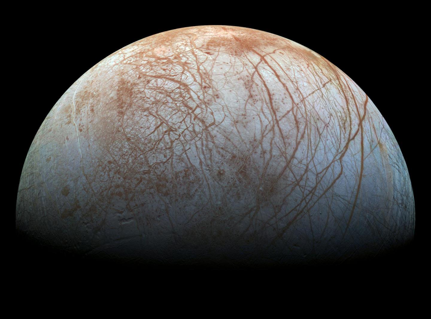 CAPTION The Stunning surface of Jupiter's moon, Europa. Hi-res image available at https://www.jpl.nasa.gov/spaceimages/details.php?id=PIA19048  CREDIT Image credit: NASA/JPL-Caltech/SETI Institute.