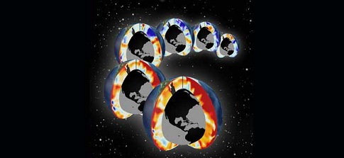 Pacific and Atlantic Ocean zonal average cross sections (surface to 700 meters) of temperature changes for 1955 to 2011. Each globe represents a decadal average. The foreground is the most recent decade and preceding decades are in the background. Red represents warming ocean, white no change, and blue for cooling with respect to a 1957-1990 average. Data was provided from the National Oceanographic Data Centre (NODC) World Ocean Database (WOD). Graphic by Timo Bremer/LLNL.