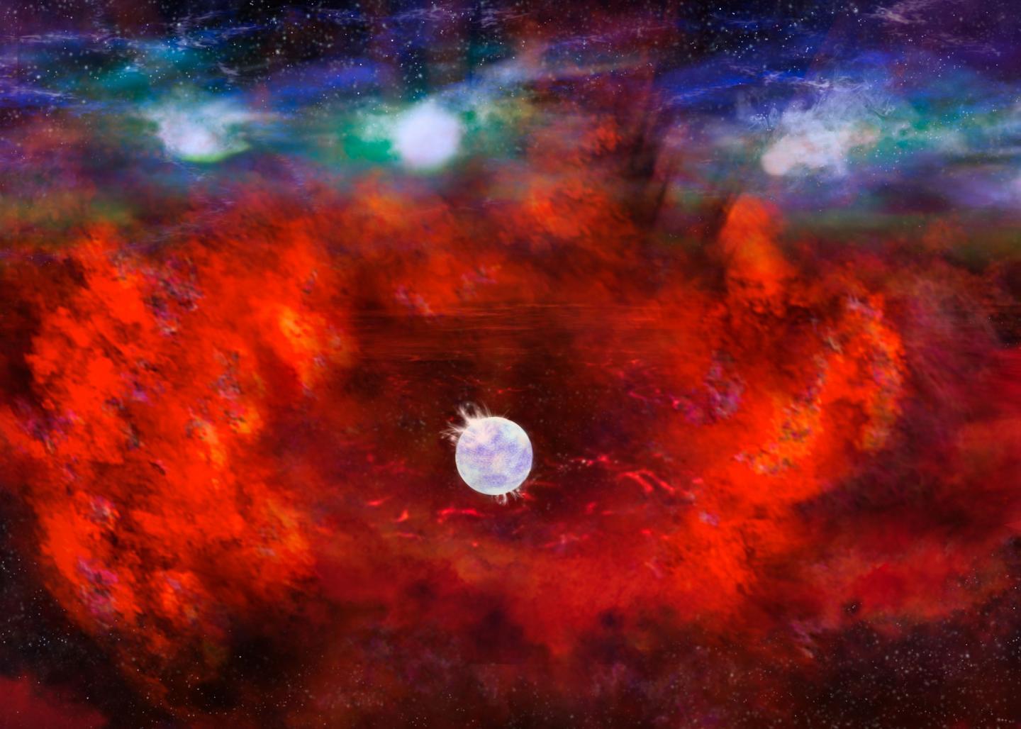 CAPTION This artist's illustration of Supernova 1987A shows the dusty inner regions of the exploded star's remnants (red), in which a neutron star might be hiding. This inner region is contrasted with the outer shell (blue), where the energy from the supernova is colliding (green) with the envelope of gas ejected from the star prior to its powerful detonation.  CREDIT NRAO/AUI/NSF, B. Saxton