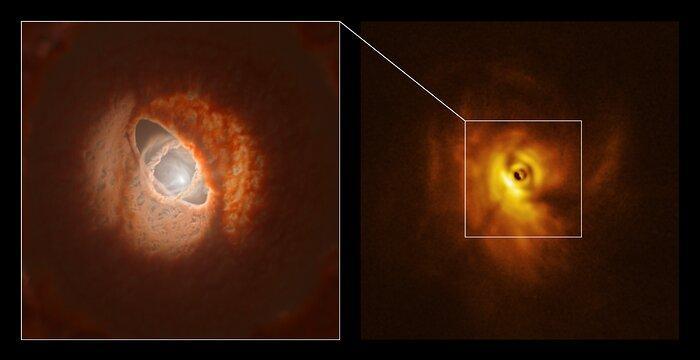 CAPTION The SPHERE image (right) with an ESO artist impression (left)  CREDIT ESO/L. Calçada, Exeter/Kraus et al.