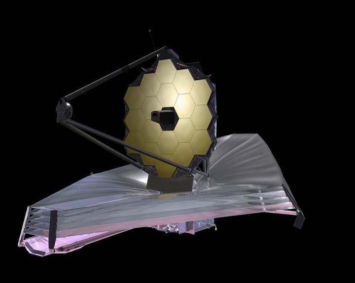 An artist impression of the James Webb Space Telescope, fully deployed.