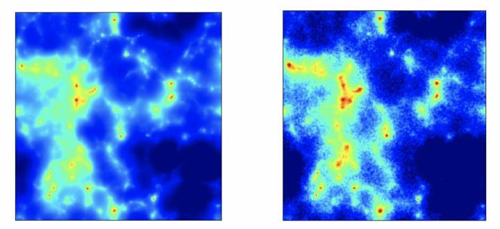 The researchers' Vlasov-Poisson simulation (left) predicts a smoother and less noisy density distribution of neutrinos compared to a traditional N-body particle simulation of Newtonian gravitational interaction (right).