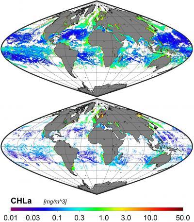 The goal of OC-SMART is to improve the quality of global ocean color products retrieved from satellite sensors, especially under complex environmental conditions. The top image shows OC-SMART's performance in picking up chlorophyll product compared to previous technology, bottom image.