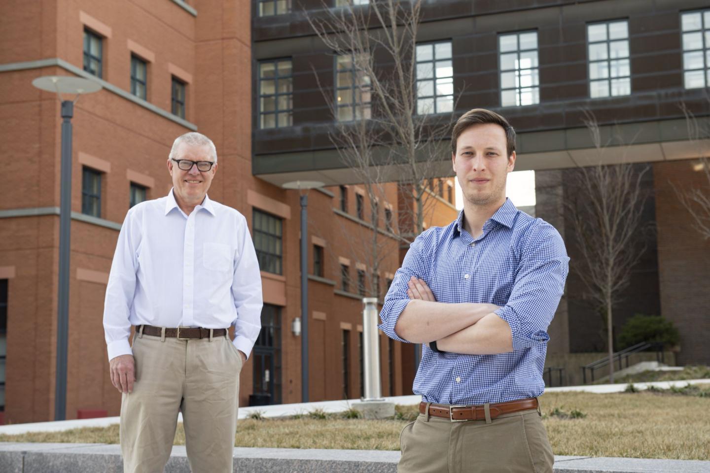 UC chemistry professor Thomas Beck, left, and graduate student Andrew Eisenhart used quantum simulations to understand the solvent glycerol carbonate.  CREDIT Colleen Kelley/UC Creative