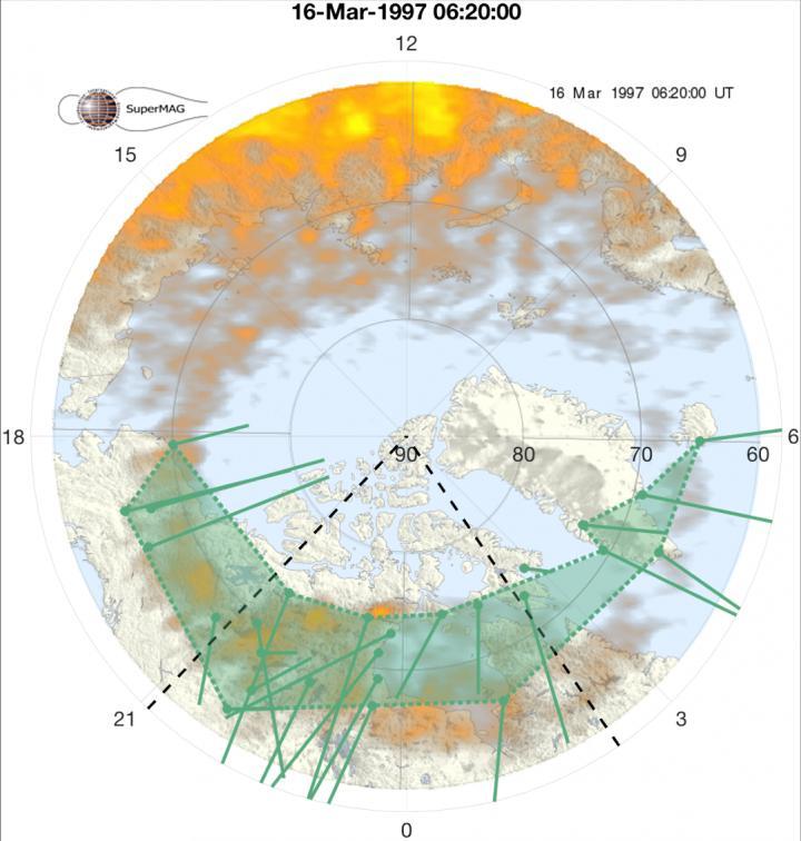 Map representing a snapshot of the community structure at the time of maximum auroral expansion.  CREDIT Background map credit: SuperMAG