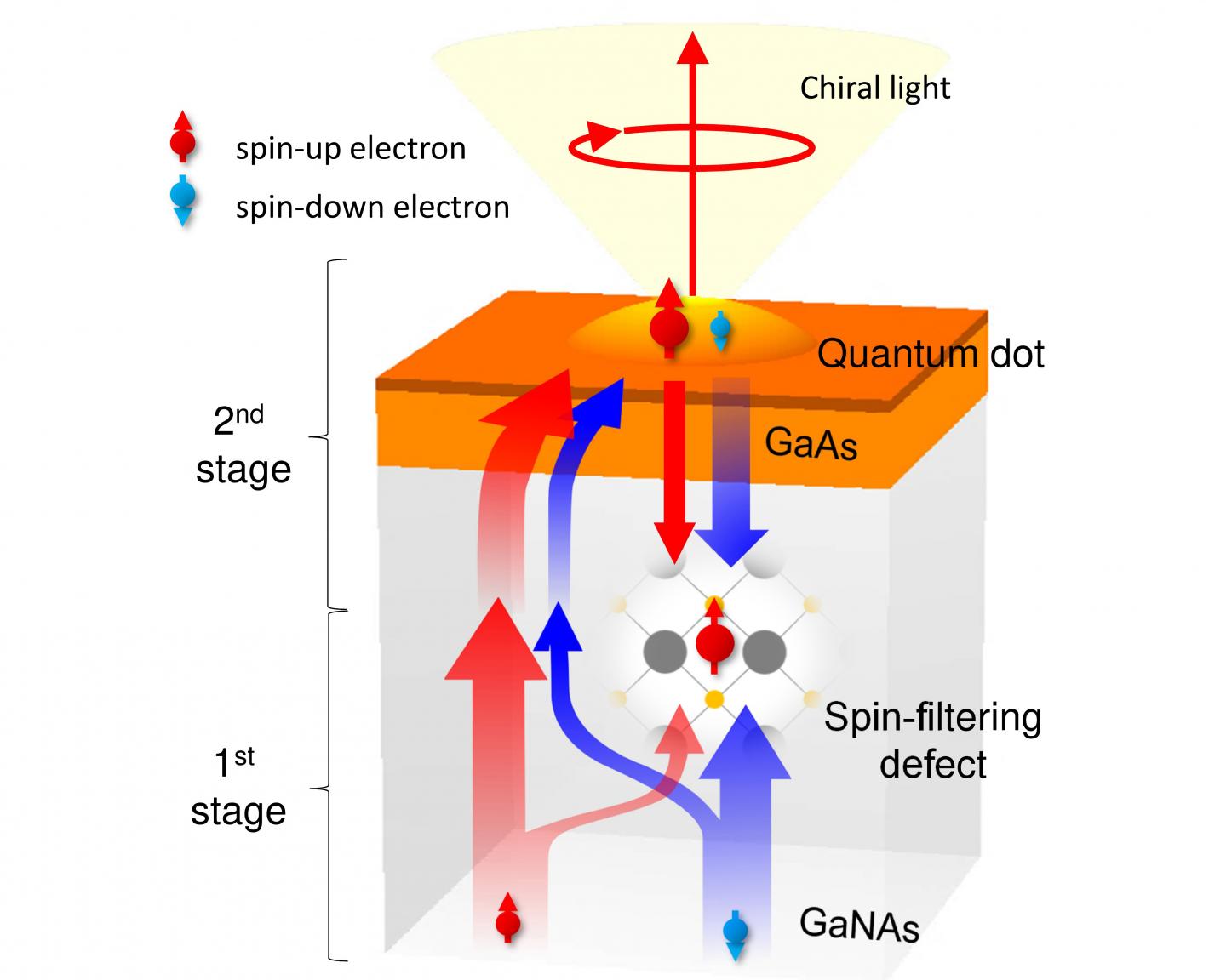 In the opto-spintronic nanostructure, an electron spin polarisation degree greater than 90% is achieved at room temperature in a quantum dot, via remote defect-enabled spin filtering through an adjacent layer of gallium nitrogen arsenide (GaNAs). When such a spin polarised electron recombines, it emits chiral light. The spin state of the electron determines whether the electromagnetic field of the light will rotate clockwise or anticlockwise around the direction of travel.  CREDIT Yuqing Huang