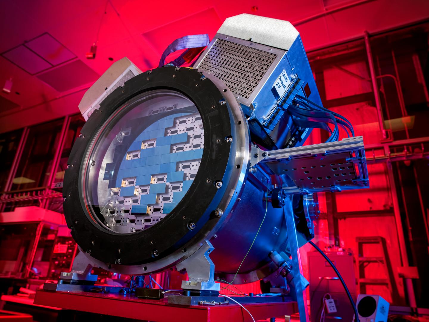 The Dark Energy Survey camera (DECam) at the SiDet clean room. The Dark Energy Camera was designed specifically for the Dark Energy Survey. It was funded by the Department of Energy (DOE) and was built and tested at DOE's Fermilab.  CREDIT DOE/FNAL/DECam/R. Hahn/CTIO/NOIRLab/NSF/AURA