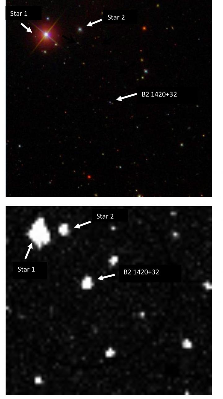 Sloan Digital Sky Survey archival image from March 2004 (top) and the image from the authors' observation campaign of the blazar, B2 1420+32, taken in January 2020 using ASAS-SN (bottom). The blazar brightness increased by a factor of 100.  CREDIT Sloan Digital Sky Survey archival image from March 2004 (top) and the image from the authors' observation campaign of the blazar, B2 1420+32, taken in January 2020 using ASAS-SN (bottom).