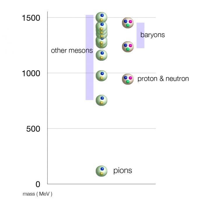 Compared with the mass spectrum of mesons on the left side, and protons, neutrons and baryons on the right side, it is clear pions are very light-weight.