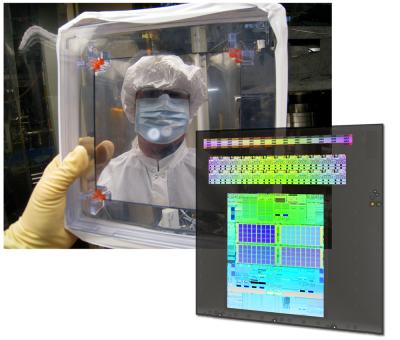 Kenneth Goldberg is seen in the reflective coating of a photolithography mask which he's about to measure at the Advanced Light Source's beamline 11.3.2. Inset at lower right shows a mask's extreme-ultraviolet (EUV) absorbing layer, printed on a six-inch square of glass coated with multiple layers of molybdenum and silicon only billionths of a meter thick to reflect unwanted EUV. The patterned layer represents one level of a working microprocessor or memory chip, which may have 20 or more such levels. Its structures are less than one ten-millionth of a meter across and diffract visible light in rainbow patterns.