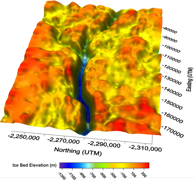 A 3-D map of bedrock beneath Jakobshavn Glacier generated with ice-penetrating radar data. Image Credit: Center for Remote Sensing of Ice Sheets