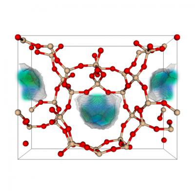 This is an example of the 50 best zeolite structures for capturing carbon dioxide. Zeolite is a porous solid made of silicon dioxide, or quartz. In the model, the red balls are oxygen, the tan balls are silicon. The blue-green area is where carbon dioxide prefers to adsorb.  Credit: Berend Smit laboratory, UC Berkeley