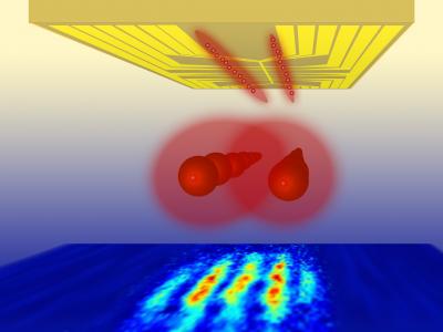 On an atom chip (top), clouds of ultracold atoms (red) are created. They are allowed to interfere, creating an ordered matter-wave interference pattern (bottom).  Credit: Vienna University of Technology