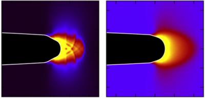 A simulation of crack initiation in a metallic glass. The metallic glass on the left is initially more relaxed, due to a longer heat treatment, than the metallic glass on the right. The very different crack tip shapes and deformation patterns under the same external conditions result in a significantly reduced breaking resistance for the more relaxed glass.  Credit: Courtesy of Christopher Rycroft, Berkeley Lab