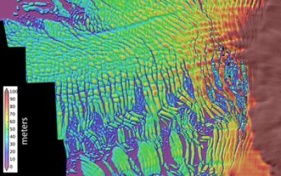 A high-resolution map of the Thwaites Glacier's thinning ice shelf. The glacier now appears to be in the early stages of collapse, with full collapse potentially occurring within a few centuries.  Credit: David Shean / University of Washington