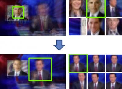 Users can use the tool to focus on images in which President Obama appears over Stephen Colbert's shoulder, and then observe Colbert's typical body posture among those results.  Credit: Photos by Jun-Yan Zhu, Yong Jae Lee and Alexei Efros, UC Berkeley