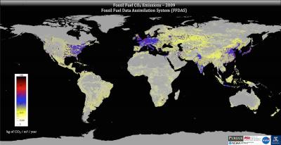 This image shows global fossil fuel carbon dioxide emissions as represented by the Fossil Fuel Data Assimilation System.