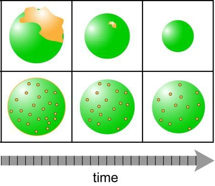 When airborne particles (green) form before pollutants known as PAHs (yellow) glob on, both the pollutants and particles dissipate quickly, as shown in the top row. But when the particles form in the presence of pollutants, which is what likely happens in nature, the long-lasting particles can take the pollutants for a long-distance ride (bottom).