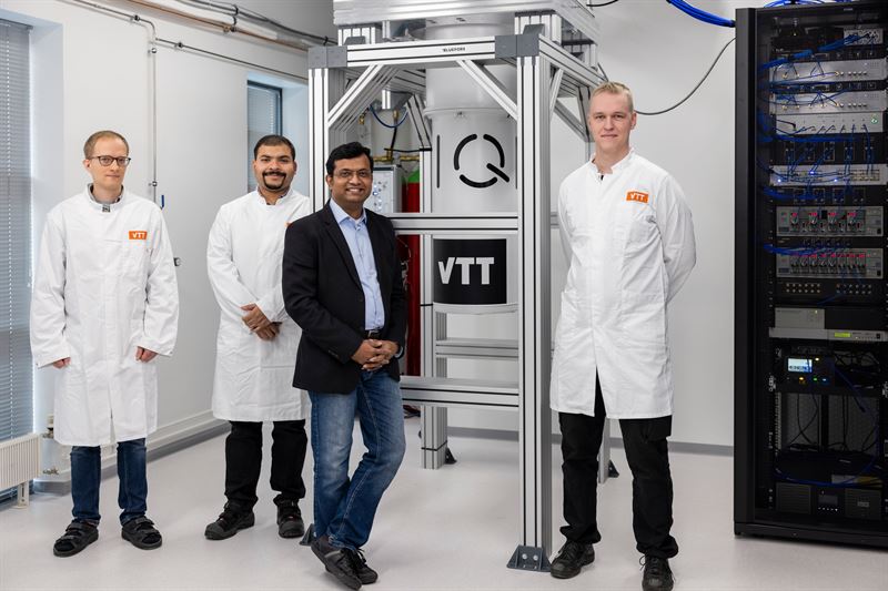 Senior Scientist Visa Vesterinen, Research Scientist Debopam Datta, Lead, Quantum Programmes Himadri Majumdar and Research Scientist Lassi Lehtisyrjä from VTT together with Finland's first quantum com