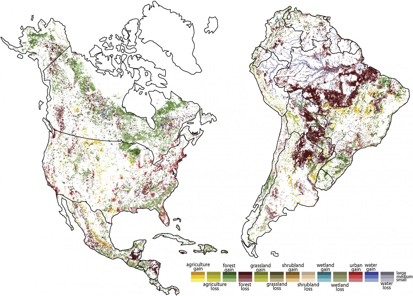 A University of Cincinnati land-use map shows changing landscapes in North and South America between 1992 and 2015. White indicates little or no change. Darker shades indicate the highest rate of change in each category. Forest loss was the most noticeable category in Central and South America.