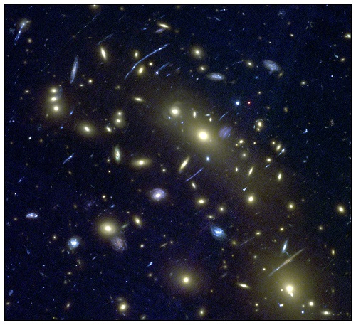 Hubble Space Telescope image of the cluster of galaxies MACS0416.1-2403, one of the Hubble ‘Frontier Fields’. Bright yellow ‘elliptical’ galaxies can be seen, surrounded by numerous blue spiral and amorphous (star-forming) galaxies. Gravitational arcs can also be seen. This image forms the test data that the machine learning algorithm is applied to, having not previously ‘seen’ the image. Credit: NASA / ESA / J. Geach / A. Hocking.