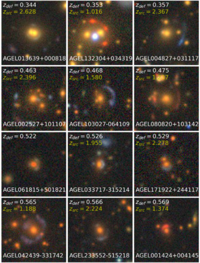 Pictures of gravitational lenses from the AGEL survey. The pictures are centred on the foreground galaxy and include the object name. Each panel includes the confirmed distance to the foreground galaxy (zdef) and distant background galaxy (zsrc).  CREDIT Kim-Vy H. Tran et al, 2022 (ENTER DOI)