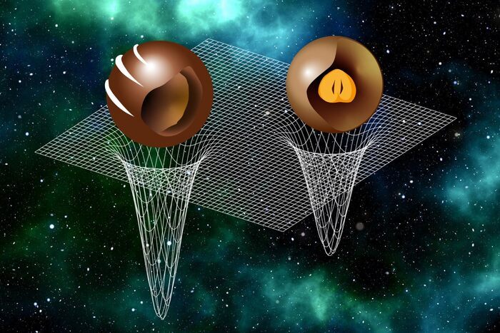 The study of the sound speed has revealed that heavy neutron stars have a stiff mantle and a soft core, while light neutron stars have a soft mantle and a stiff core – much like different chocolate pralines.  CREDIT Peter Kiefer & Luciano Rezzolla