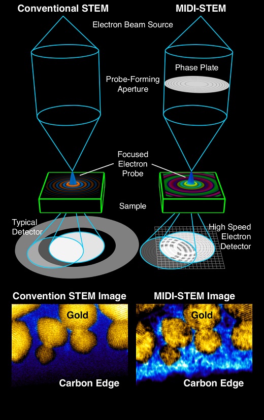 In MIDI-STEM (right), developed at Berkeley Lab, an electron beam travels through a ringed “phase plate,” producing a high-resolution image (bottom right) that provides details about a sample containing a heavy element (gold) and light element (carbon). Details about the carbon are missing in an image (bottom left) of the sample using a conventional electron imaging technique (ADF-STEM). (Colin Ophus/Berkeley Lab, Nature Communications: 10.1038/ncomms10719)