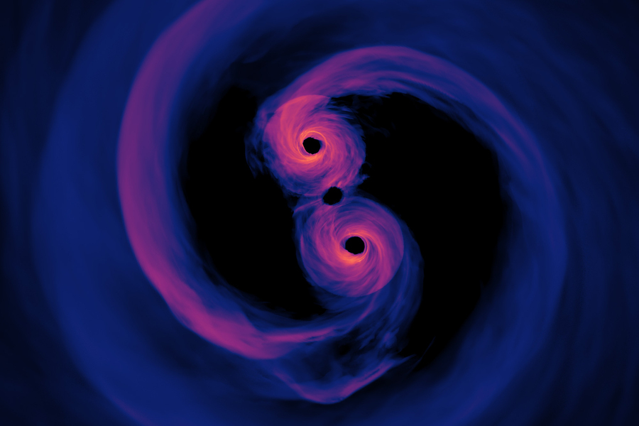 An MIT study finds that, for now, the catalog of known black hole binaries does not reveal anything fundamental about how black holes form. Pictured is a simulation of the light emitted by a supermassive black hole binary system where the surrounding gas is optically thin (transparent). Credits: NASA’s Goddard Space Flight Center