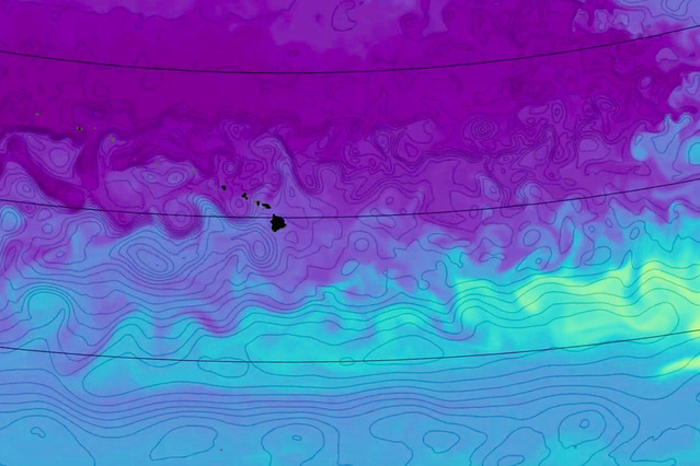 This video still of the North Pacific Ocean shows phosphate nutrient concentrations at 500 meters below the ocean surface. The swirls represent small eddies transporting phosphate from the nutrient-rich equator (lighter colors), northward toward the nutrient-depleted subtropics (darker colors). Credits:Image: Courtesy of the researchers
