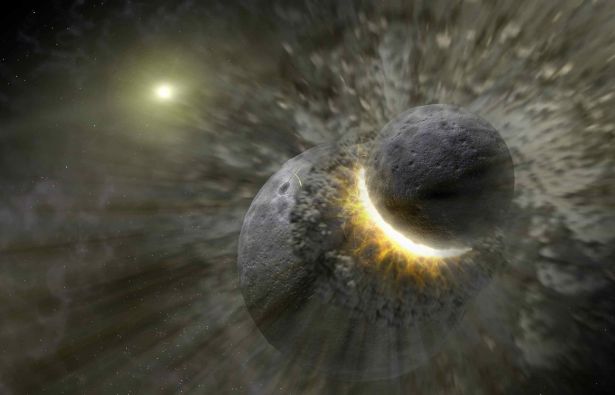 The inner solar system’s biggest known collision was the moon-forming giant impact between a large protoplanet and the proto-Earth. Kilometer-size fragments from this impact hit main belt asteroids at much higher velocities than typical main belt collisions, heating the surface and leaving behind a permanent record of the impact event. (Illustration: NASA/JPL-Caltech)