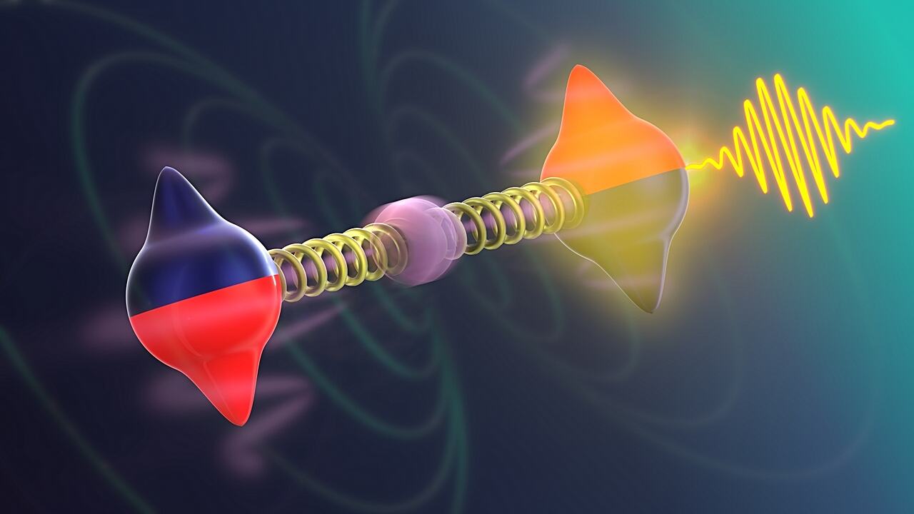 Artistic illustration of Magnon-phonon Fermi resonance in an antiferromagnet.  Source: B. Schröder / HZDR