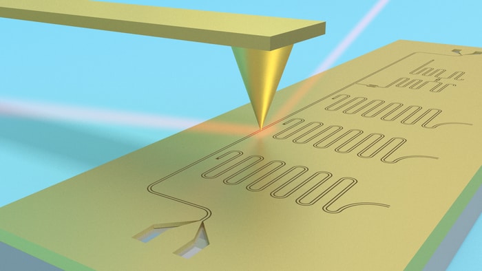 Schematic of a superconducting circuit being imaged using terahertz scanning near-field microscopy.