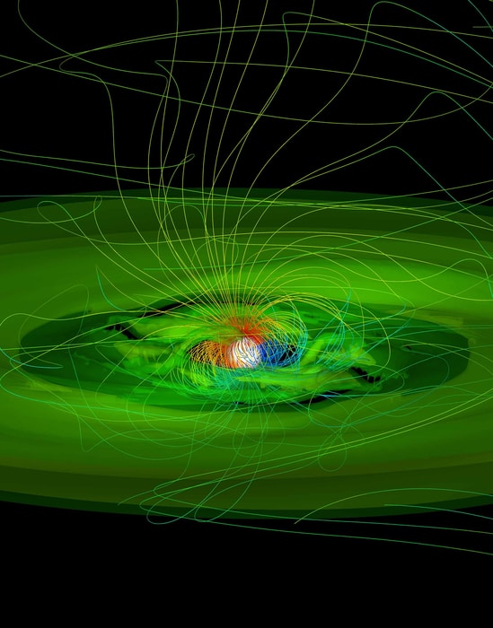 This image depicts a young star named GM Aur eating up gas and dust particles of a protoplanetary disk, which is represented by the green material surrounding the bright star.  CREDIT Image by M. M. Romanova