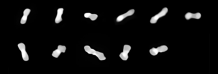 These eleven images are of the asteroid Kleopatra, viewed at different angles as it rotates. The images were taken at different times between 2017 and 2019 with the Spectro-Polarimetric High-contrast Exoplanet REsearch (SPHERE) instrument on ESO’s VLT. Kleopatra orbits the Sun in the Asteroid Belt between Mars and Jupiter. Astronomers have called it a “dog-bone asteroid” ever since radar observations around 20 years ago revealed it has two lobes connected by a thick “neck”.  CREDIT ESO/Vernazza, Marchis et al./MISTRAL algorithm (ONERA/CNRS)