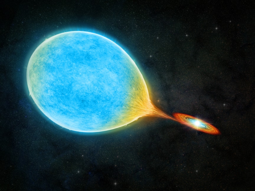 Artist's depiction of a new type of binary star: a pre-extremely low mass (ELM) white dwarf. Pictured in blue, the star is losing mass to a white dwarf companion and transitioning to an ELM white dwarf. Credit: M.Weiss/Center for Astrophysics | Harvard & Smithsonian/