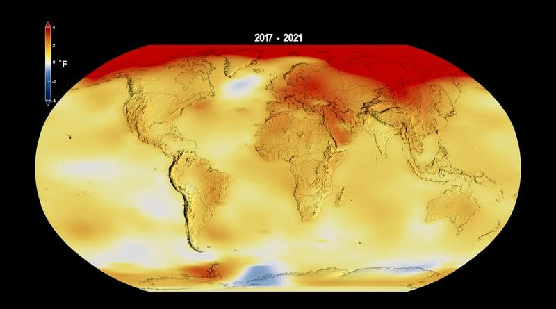 2021 was tied for the sixth warmest year on NASA’s record, stretching more than a century. Because the record is global, not every place on Earth experienced the sixth warmest year on record. Some places had record-high temperatures, and we saw record droughts, floods and fires around the globe. Credits: NASA’s Scientific Visualization Studio/Kathryn Mersmann