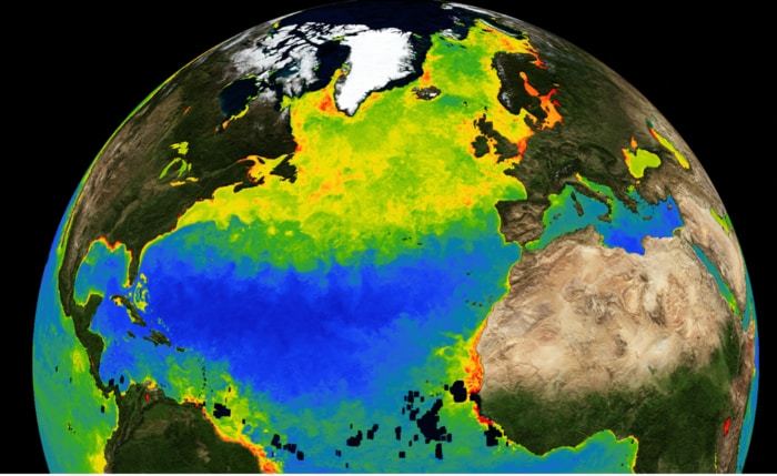 Like plants and trees on land, phytoplankton in the ocean flourishes in the spring, as captured by satellite ocean color obervations. Green to red values indicate high phytoplankton concentrations. The image shows a snapshot from April, 2021 (Data from NASA OceanColor WEB https://oceancolor.gsfc.nasa.gov/).