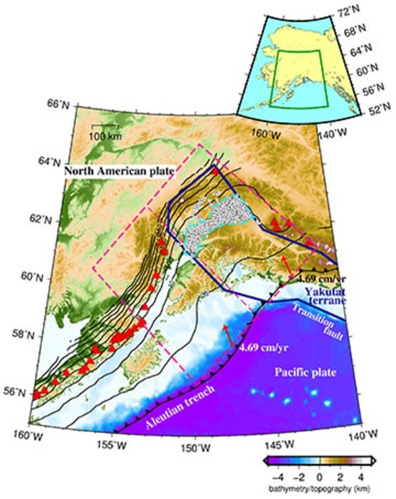 The thick blue solid line outlines the Yakutat terrane. The white circle indicates the epicentre of the low-frequency tectonic tremors, and the light blue dashed line shows the area where the tectonic tremors occurred, which is used in Figures 2 to 4. The area inside the pink dashed box is the model region used in this study, and the pink dashed line down the center of the box divides the model region into northeast and southwest areas, and represents the boundary between the subducted Yakutat terrane and the subducted Pacific plate in the model. The black lines indicate the isodepth contours of the upper surface of the subducted oceanic plate (with a contour interval of 20 km), red arrows show the plate motion velocity in the Aleutian Trench, and the red triangles indicate volcanoes.  CREDIT Iwamoto, K., Suenaga, N. & Yoshioka, S. Relationship between tectonic tremors and 3-D distributions of thermal structure and dehydration in the Alaska subduction zone. Sci Rep 12, 6234 (2022). https://doi.org/10.1038/s41598-022-10113-2